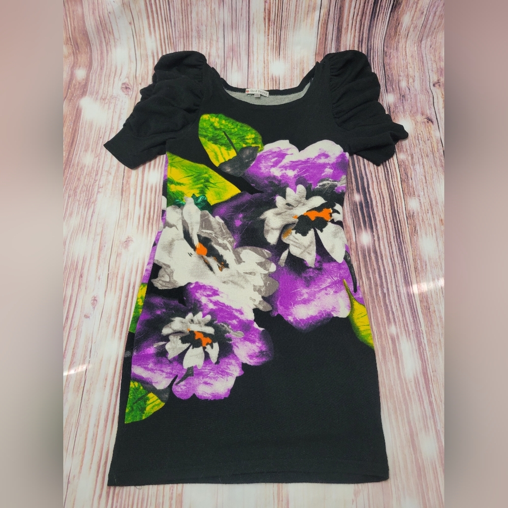 Red Berry Puff Sleeve Dress Floral Fitted S
